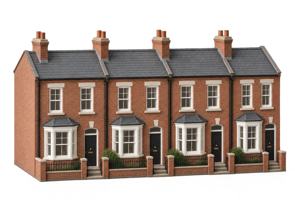 A row of small brick terraced houses